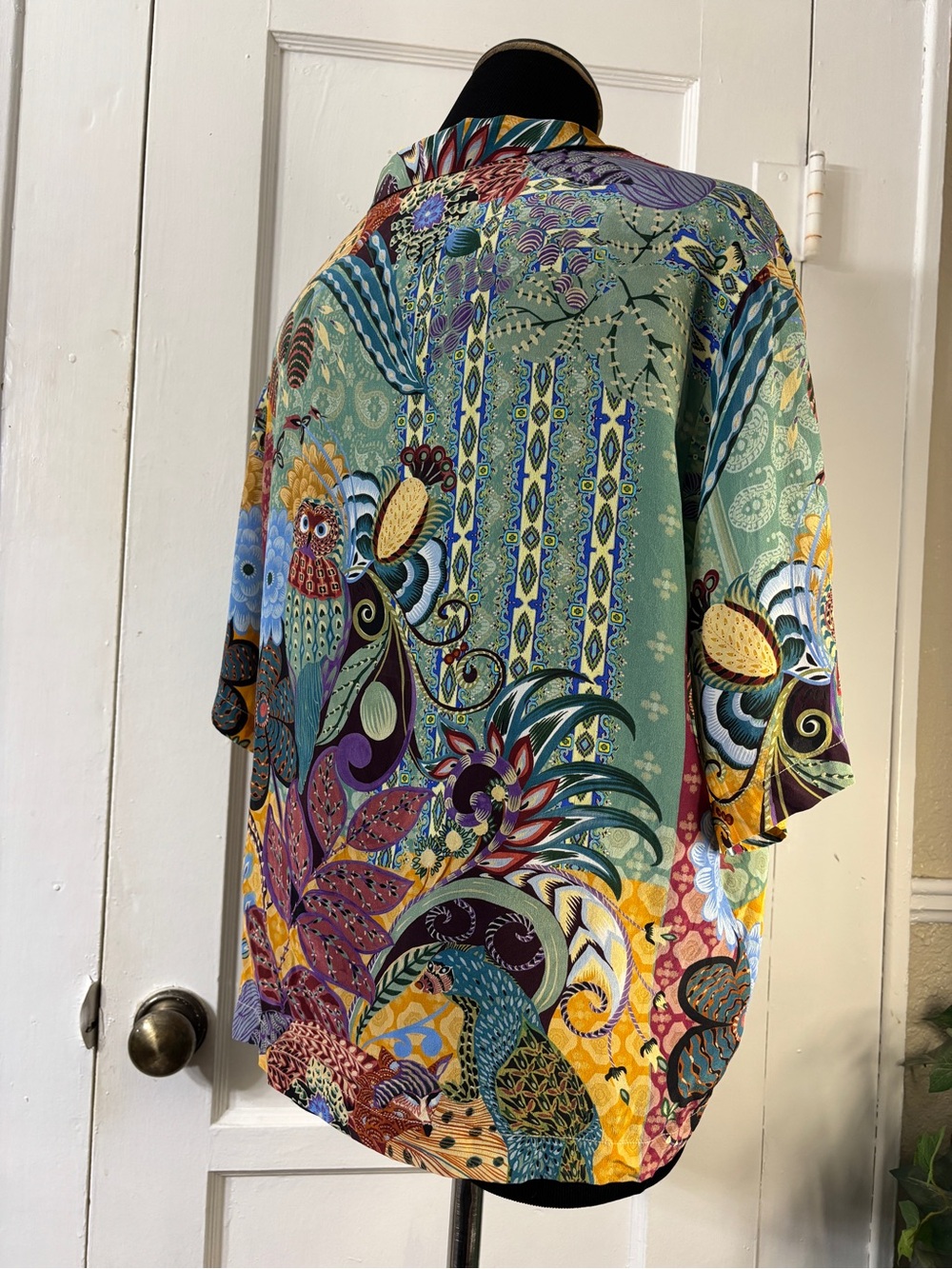 Johnny Was Vibrant Silk Patchwork & Owl Print Blouse - Picture 9 of 15